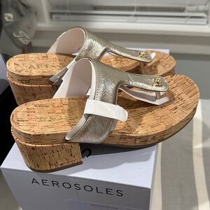AEROSOLES Gold CLIO Wedge Thong Sandals with Cork Platform